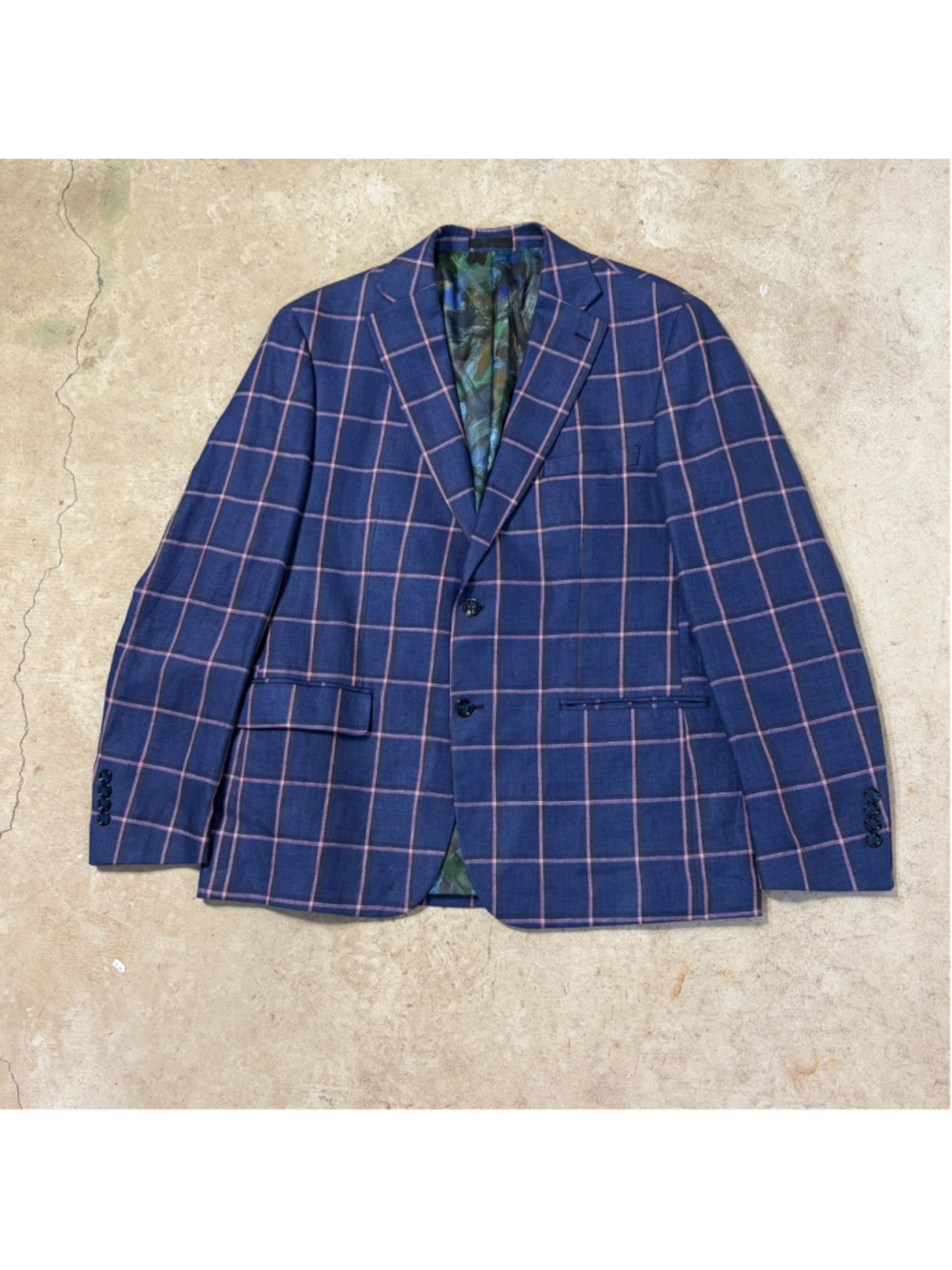 Tallia Mens 44R Linen Suit Jacket Blazer Blue Pink Windowpane Plaid Two Button